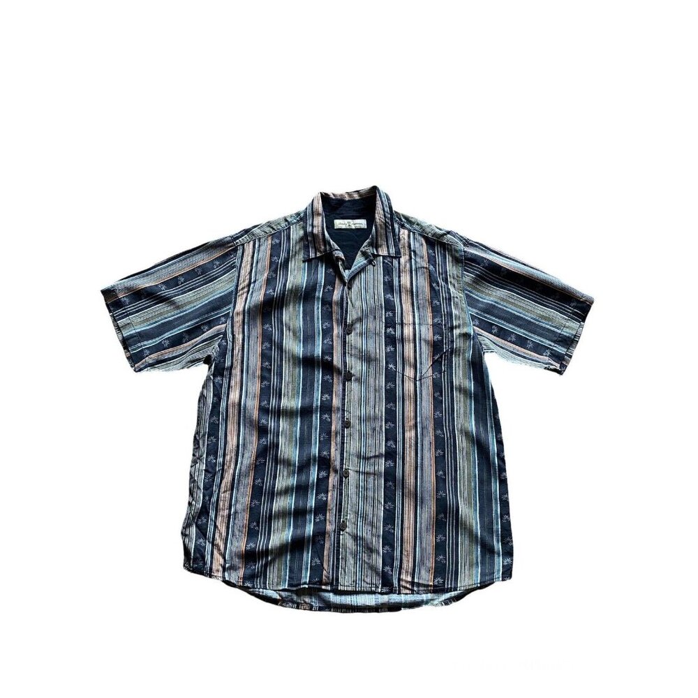 Tommy Bahama Striped 100% Silk Button Up Short Sleeve Shirt Size Large